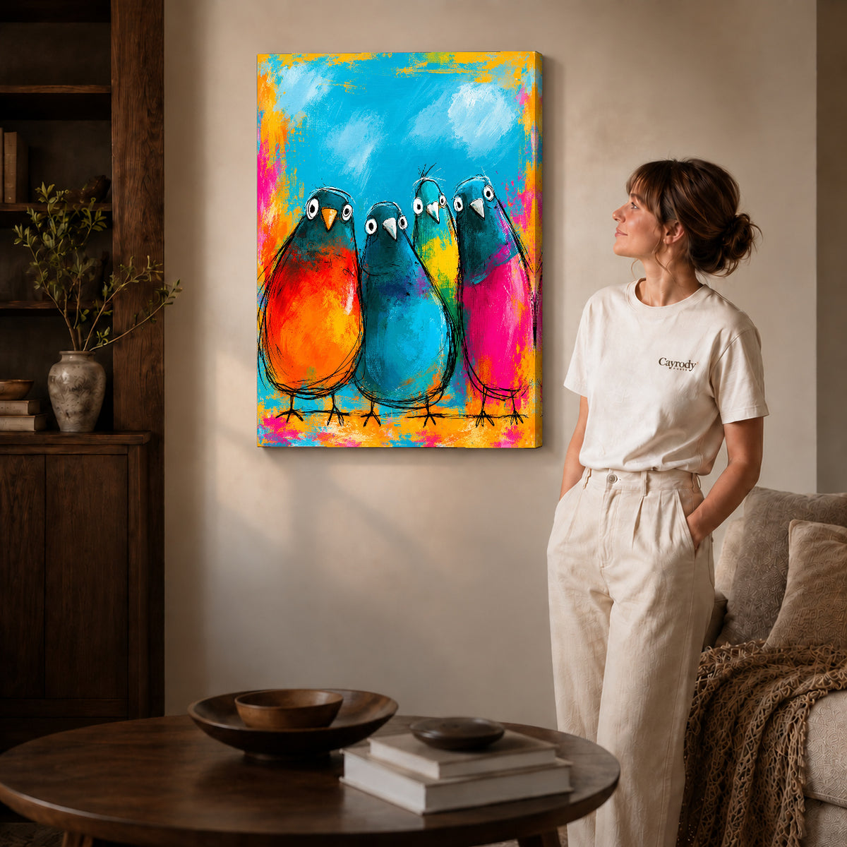 Gallery wrapped colorful bird quartet artwork scene assigned to all six unframed wrapped canvas sizes.