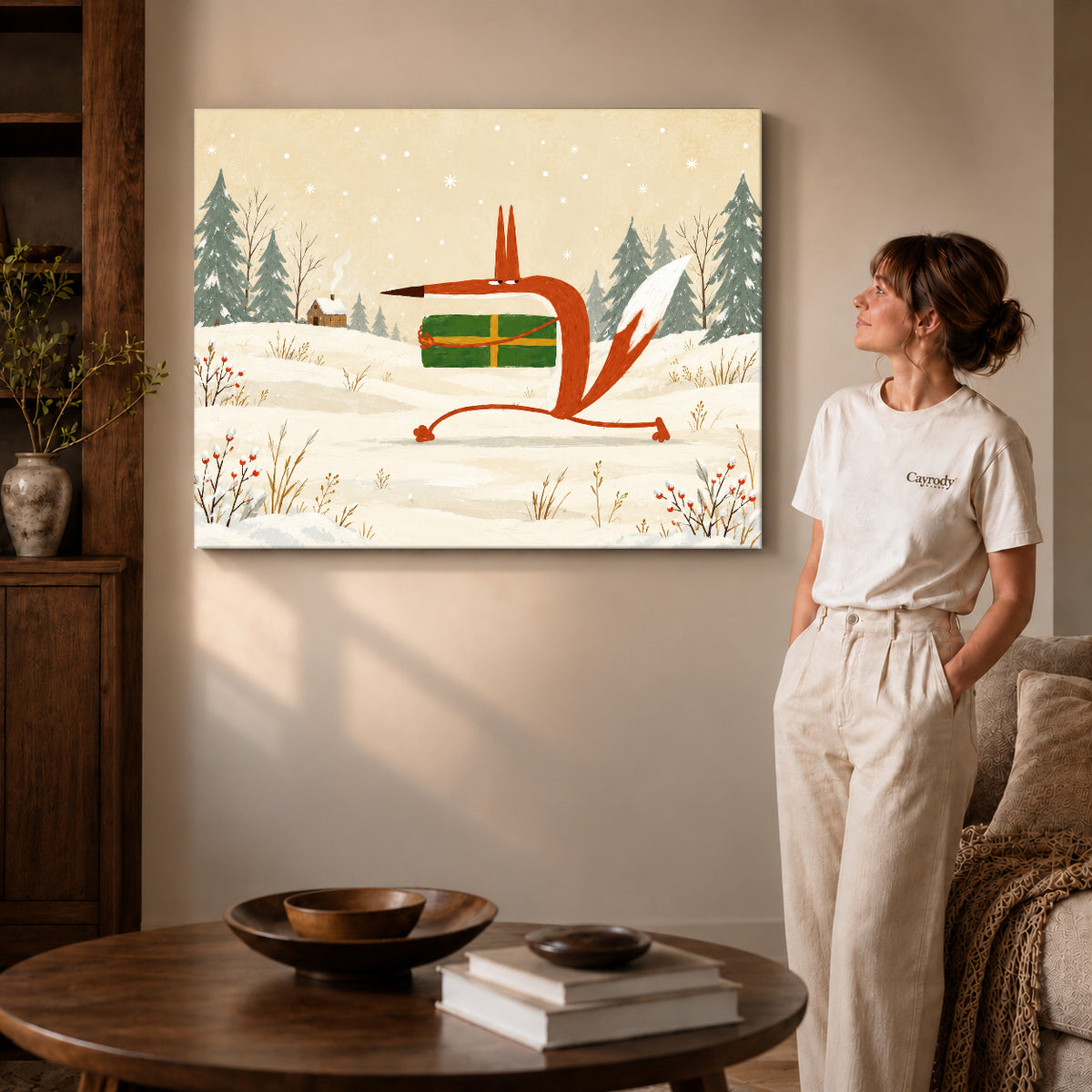 Gallery wrapped festive gift fox artwork scene assigned to all six unframed wrapped canvas sizes.