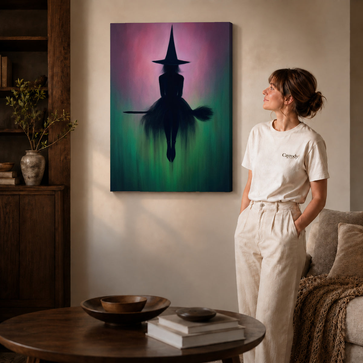 Gallery wrapped moody witch silhouette artwork scene assigned to all six unframed wrapped canvas sizes.
