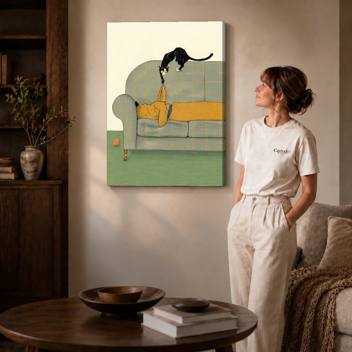 Gallery wrapped mischievous sofa kitten artwork scene assigned to all six unframed wrapped canvas sizes.