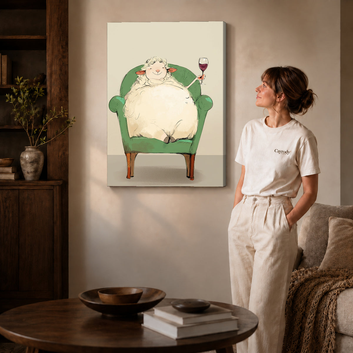Gallery wrapped relaxed wine sheep artwork scene assigned to all six unframed wrapped canvas sizes.