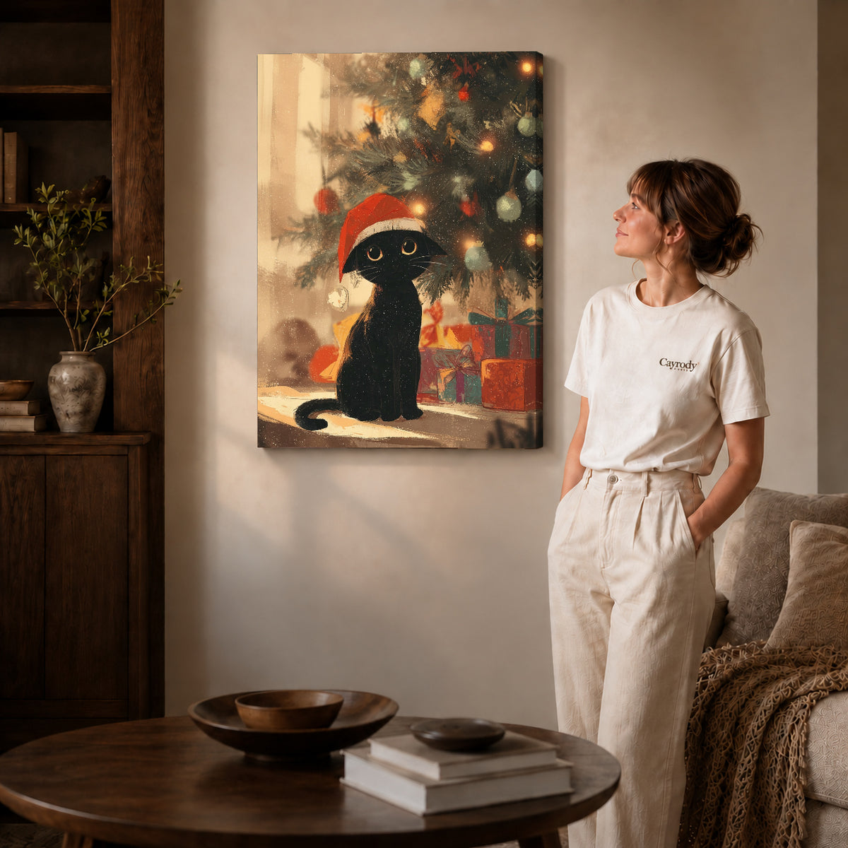 Gallery wrapped cozy christmas cat artwork scene assigned to all six unframed wrapped canvas sizes.