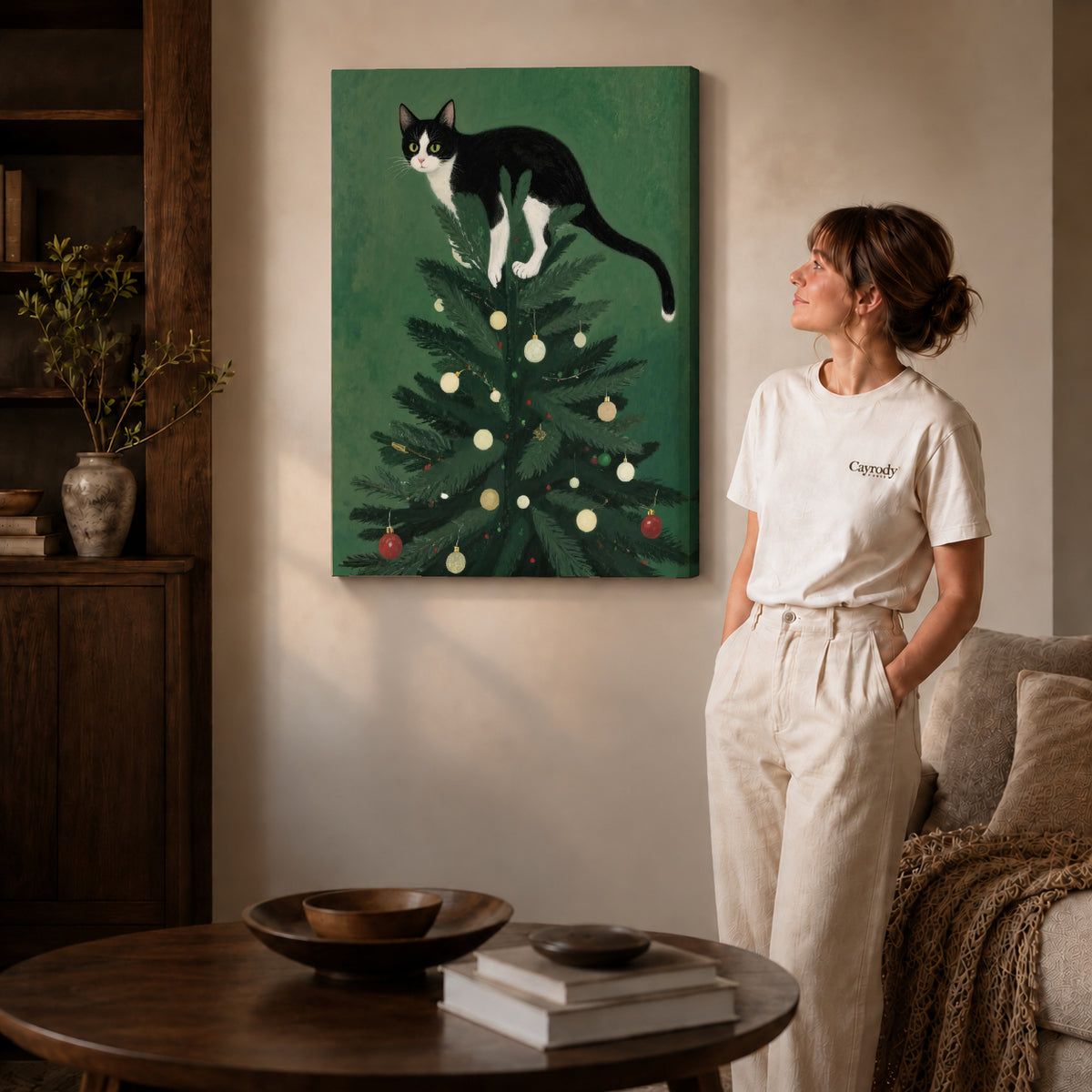 Gallery wrapped christmas tree kitten artwork scene assigned to all six unframed wrapped canvas sizes.