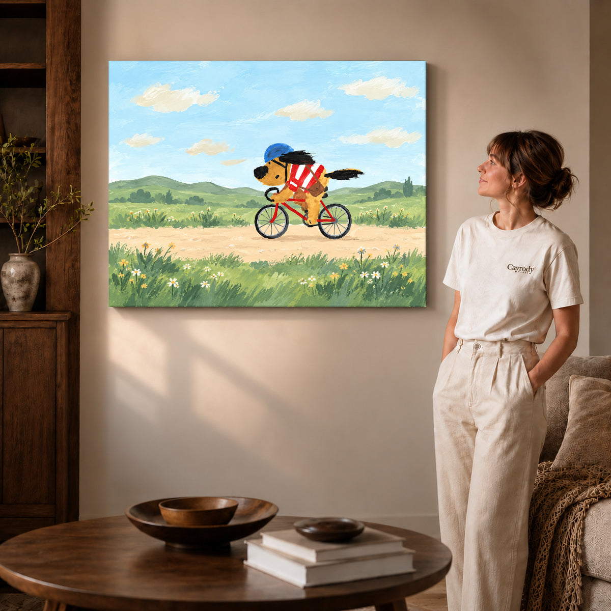 Gallery wrapped country cycling dog artwork scene assigned to all six unframed wrapped canvas sizes.
