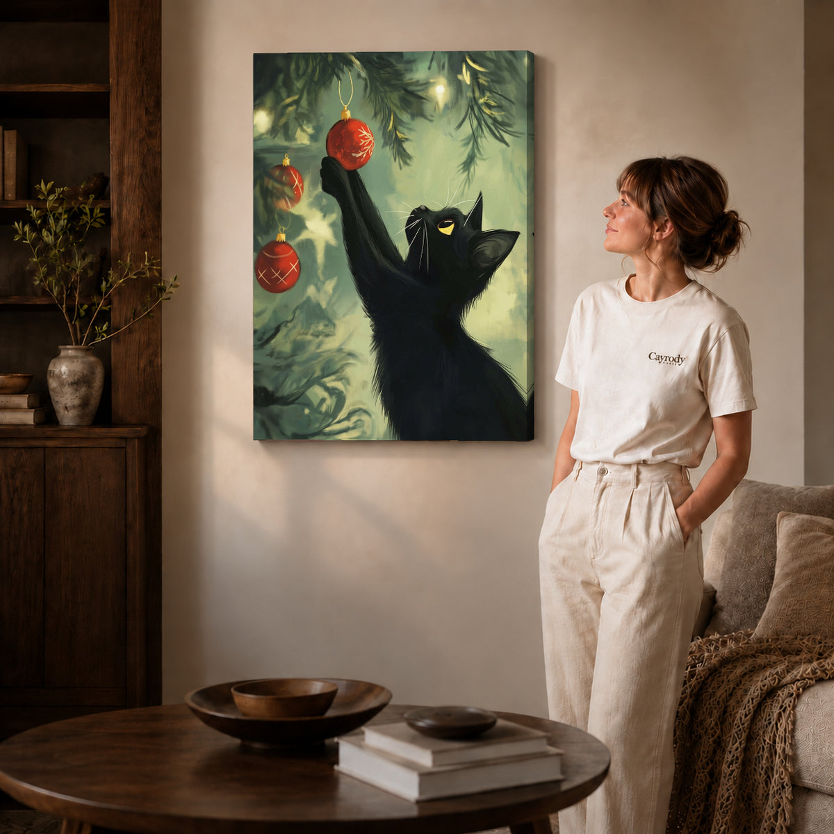 Gallery wrapped christmas bauble cat artwork scene assigned to all six unframed wrapped canvas sizes.
