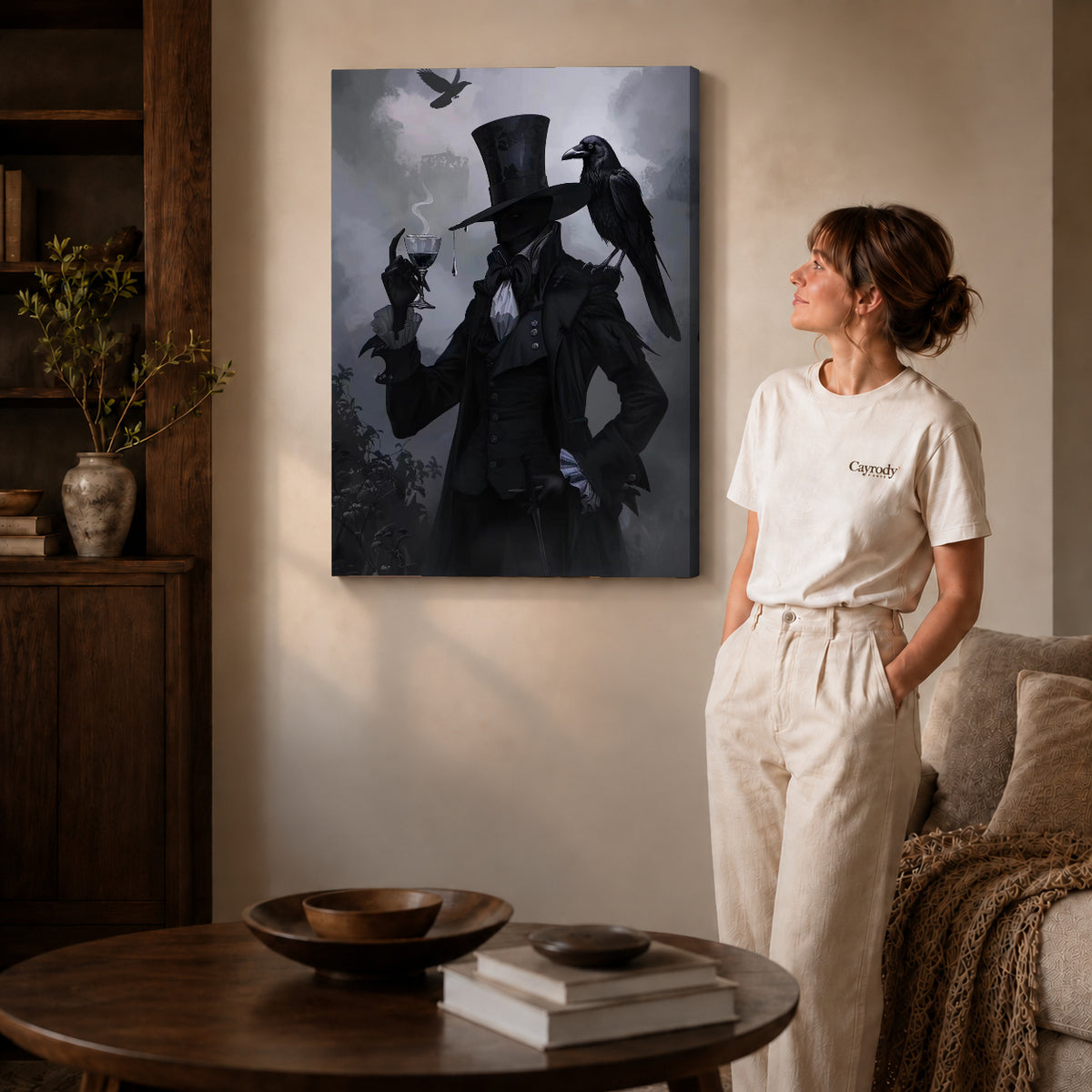 Gallery wrapped gothic raven gentleman artwork scene assigned to all six unframed wrapped canvas sizes.