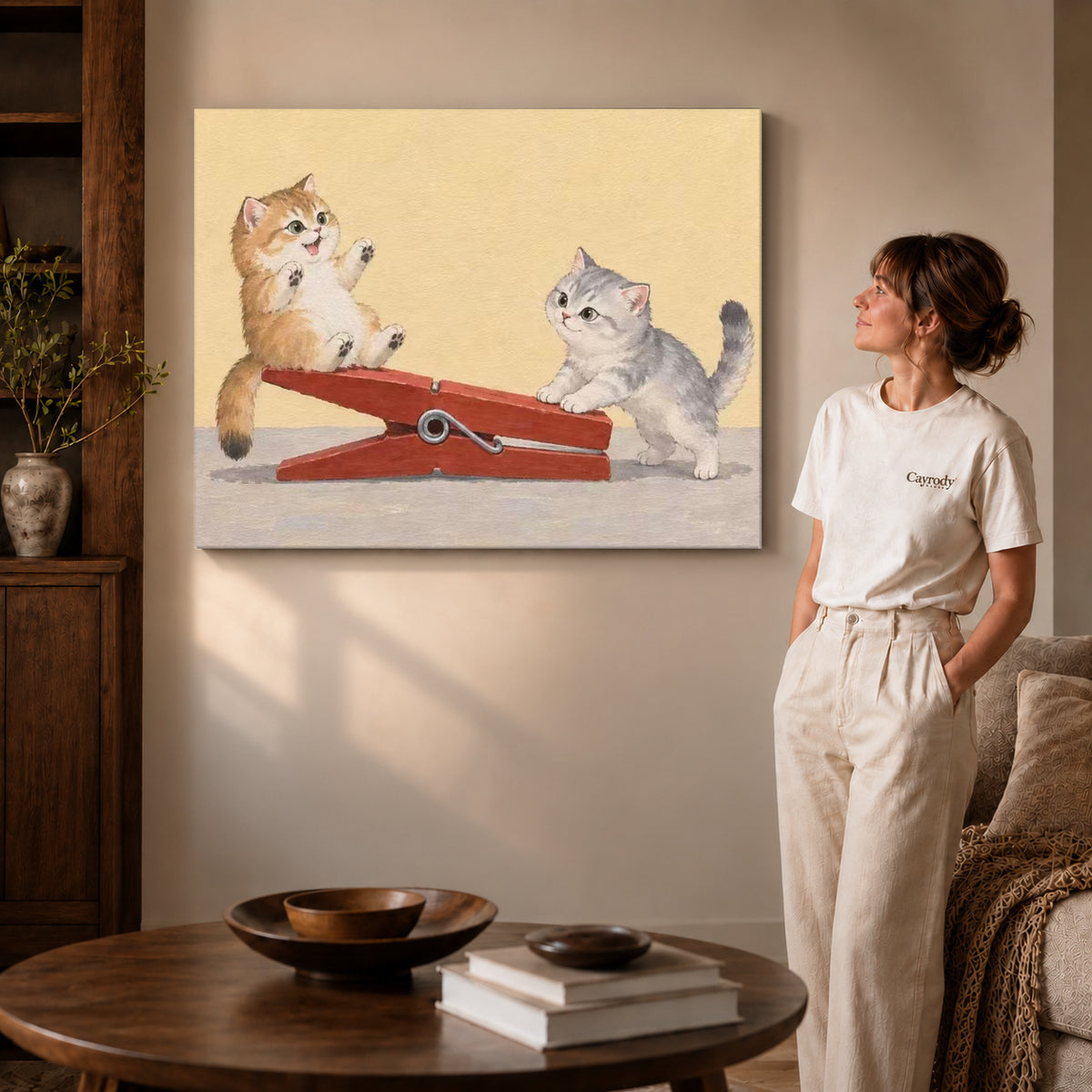 Gallery wrapped clothespin kitten friends artwork scene assigned to all six unframed wrapped canvas sizes.