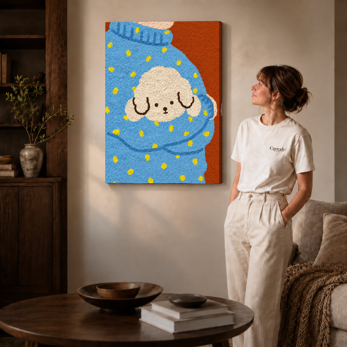 Gallery wrapped cozy puppy sweater artwork scene assigned to all six unframed wrapped canvas sizes.