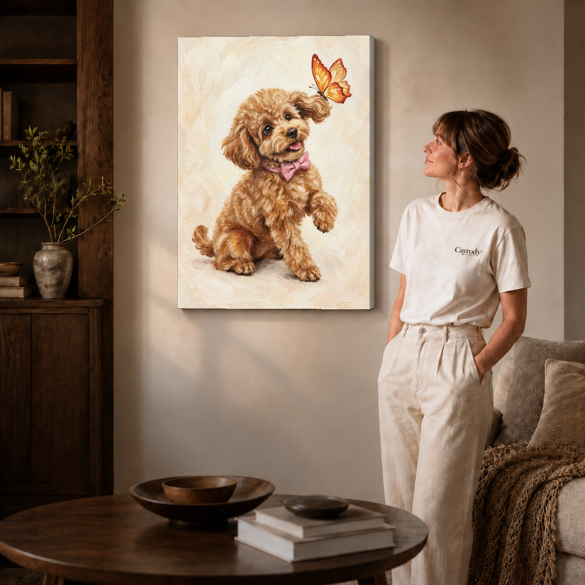 Gallery wrapped poodle butterfly friend artwork scene assigned to all six unframed wrapped canvas sizes.