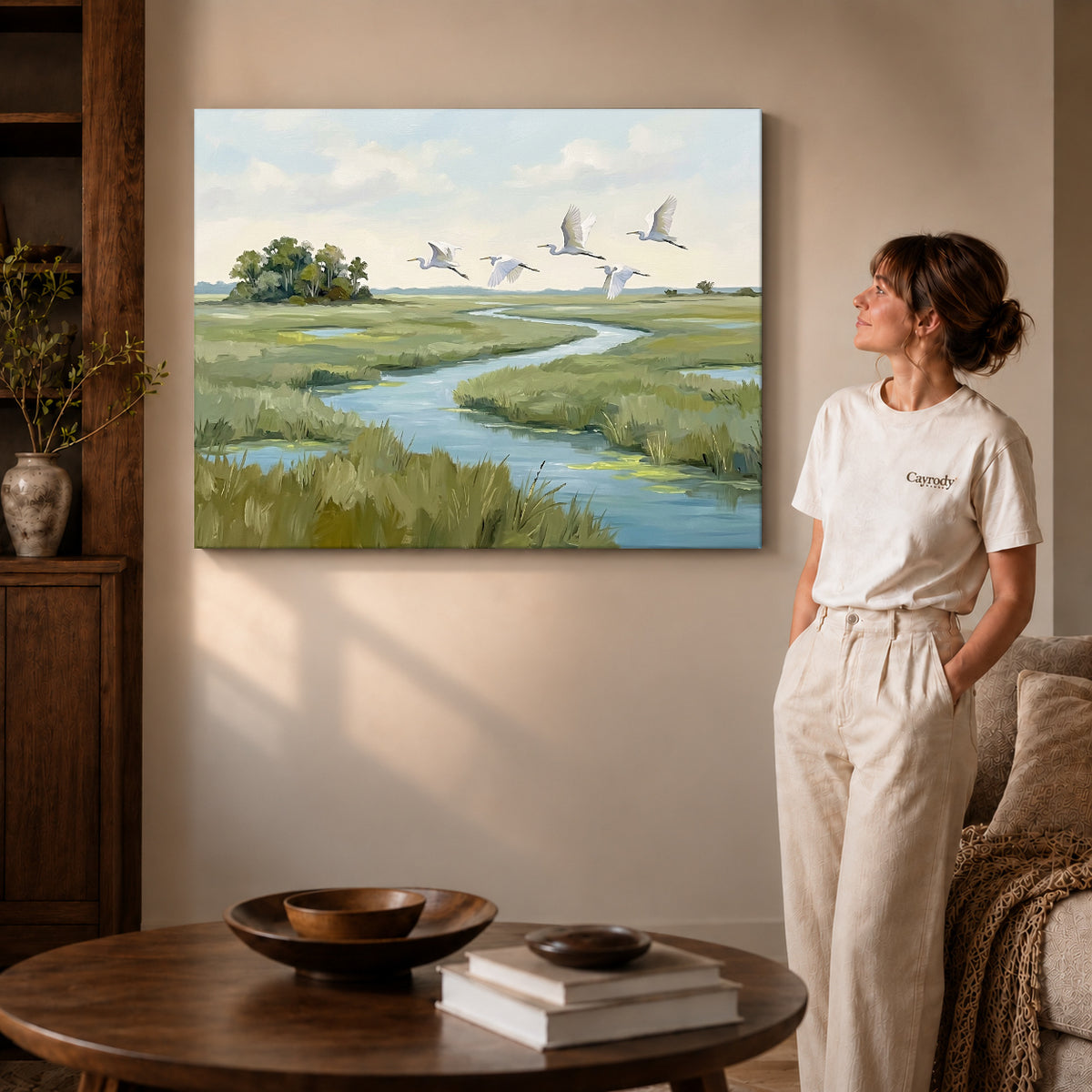 Gallery wrapped marsh bird flight artwork scene assigned to all six unframed wrapped canvas sizes.