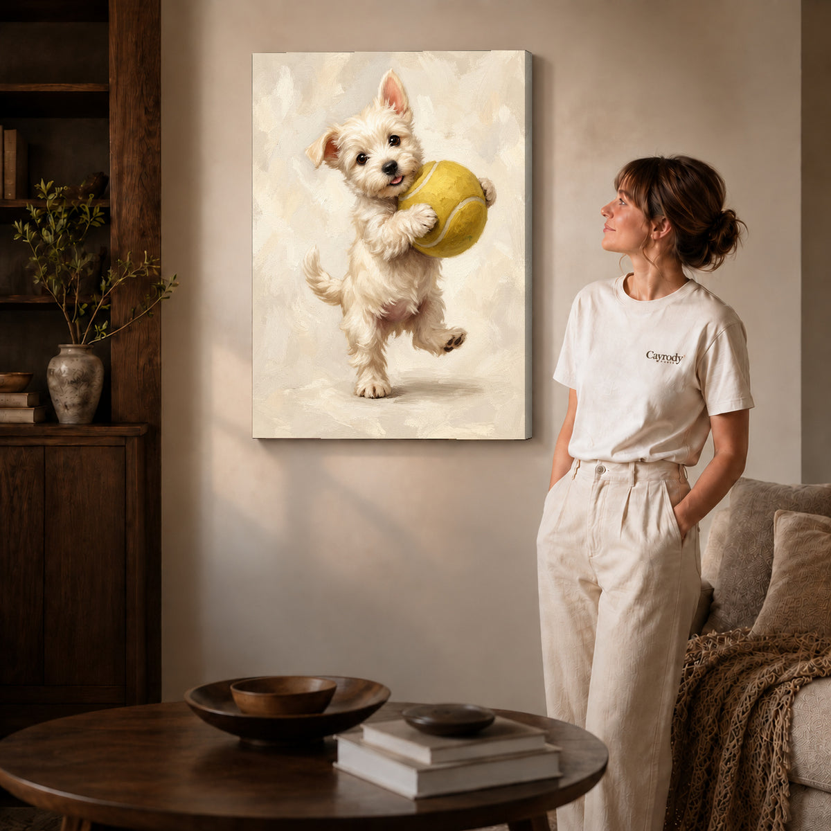 Gallery wrapped tennis ball puppy artwork scene assigned to all six unframed wrapped canvas sizes.
