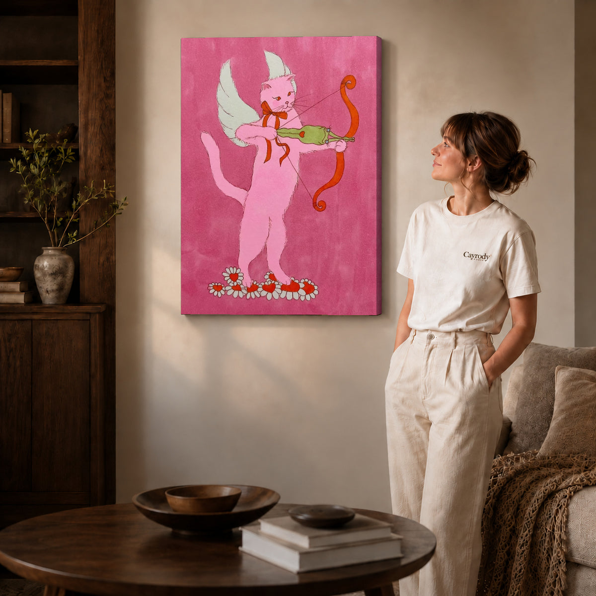 Gallery wrapped cupid archer cat artwork scene assigned to all six unframed wrapped canvas sizes.