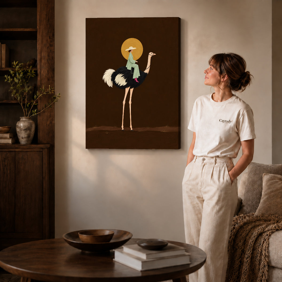 Gallery wrapped moonlit ostrich rider artwork scene assigned to all six unframed wrapped canvas sizes.