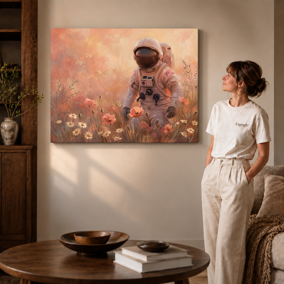 Gallery wrapped astronaut flower walk artwork scene assigned to all six unframed wrapped canvas sizes.