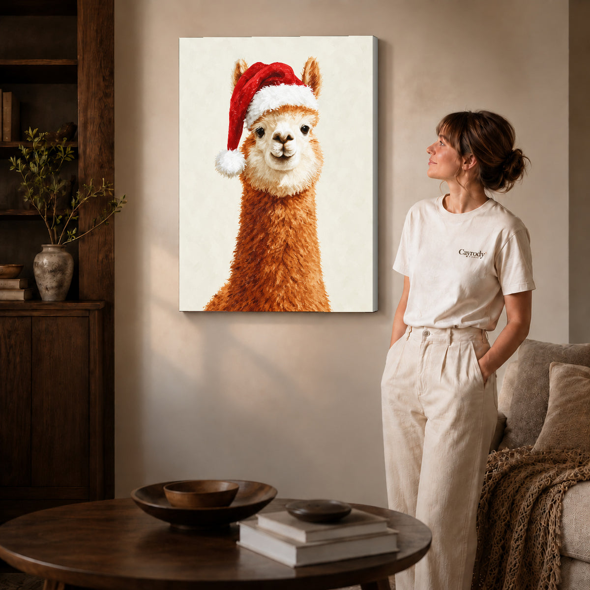 Gallery wrapped santa alpaca portrait artwork scene assigned to all six unframed wrapped canvas sizes.