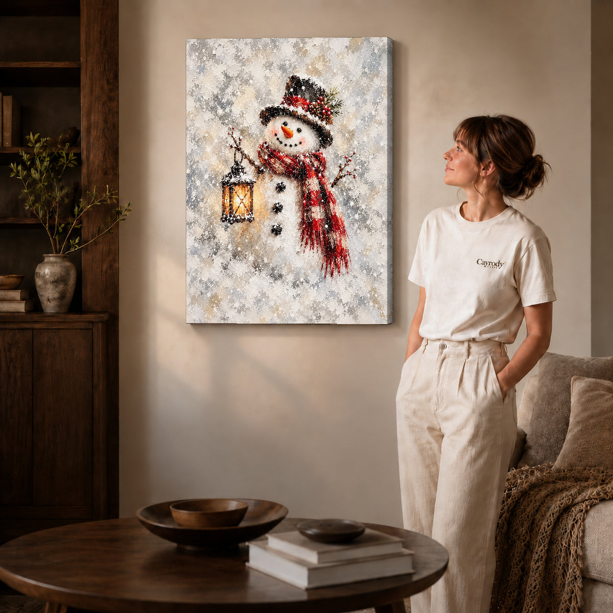 Gallery wrapped lantern snowman artwork scene assigned to all six unframed wrapped canvas sizes.