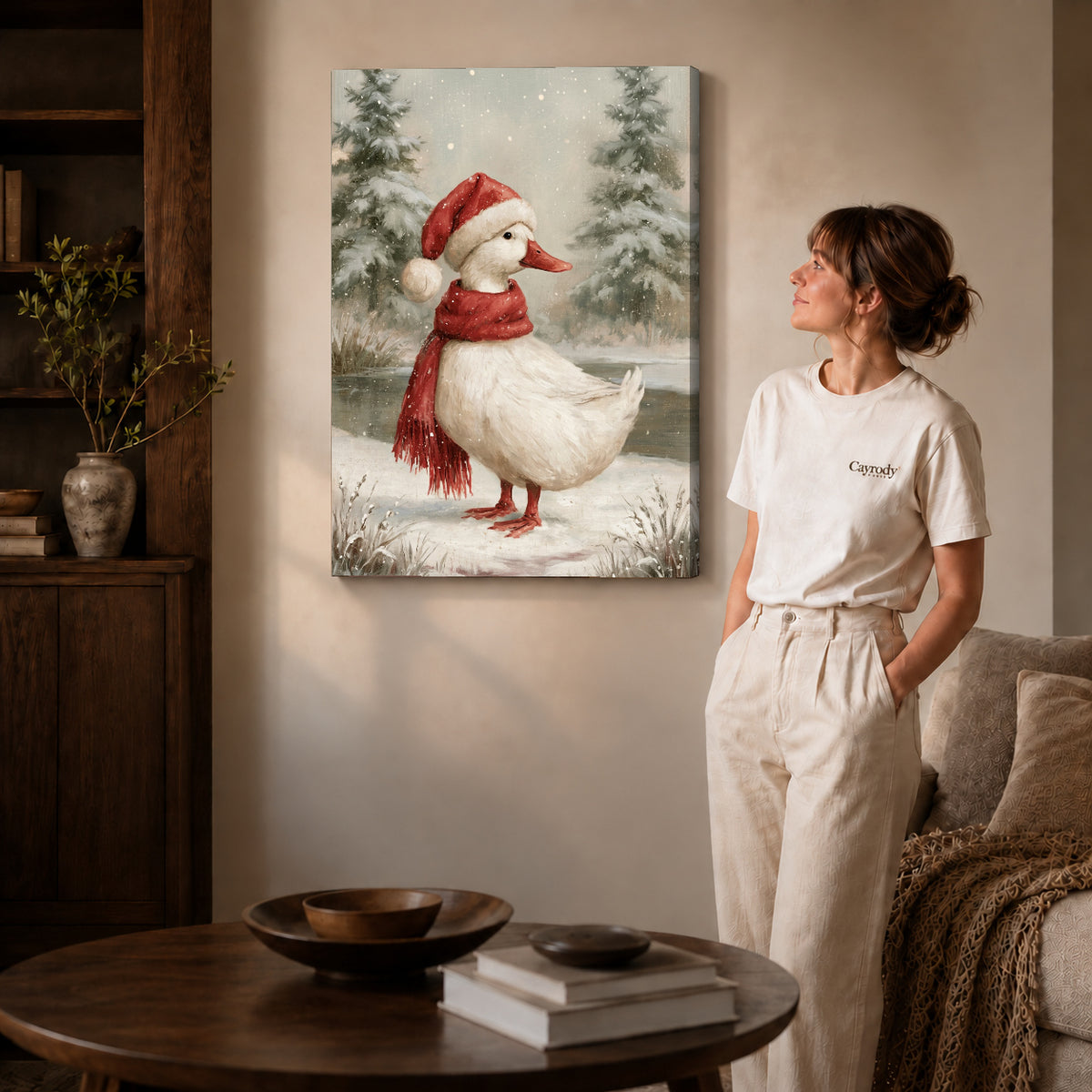 Gallery wrapped winter santa duck artwork scene assigned to all six unframed wrapped canvas sizes.