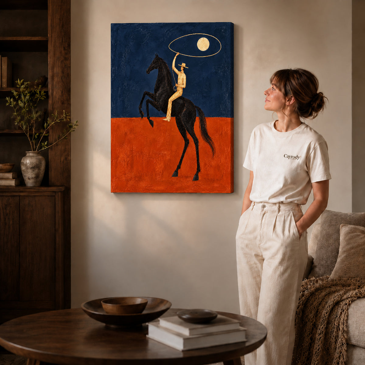 Gallery wrapped moon lasso rider artwork scene assigned to all six unframed wrapped canvas sizes.