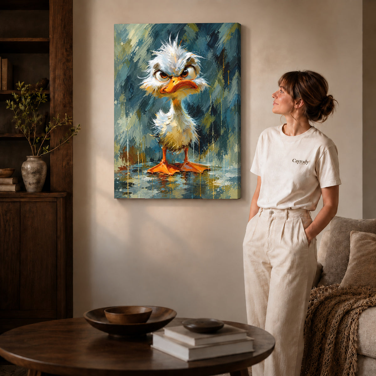 Gallery wrapped grumpy fluffy duck artwork scene assigned to all six unframed wrapped canvas sizes.