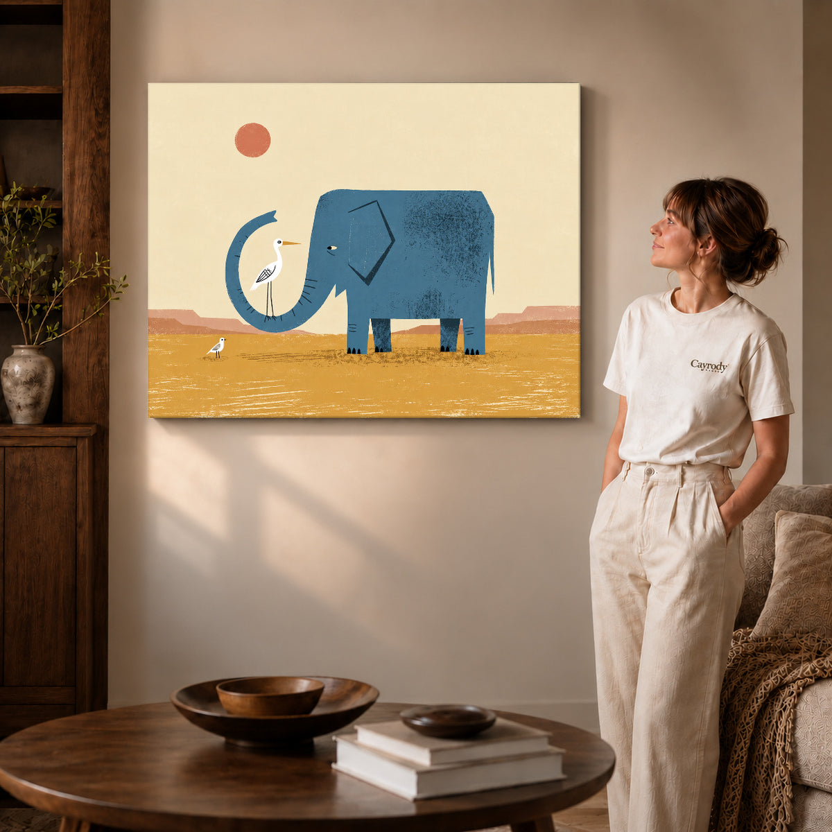 Gallery wrapped elephant bird friends artwork scene assigned to all six unframed wrapped canvas sizes.