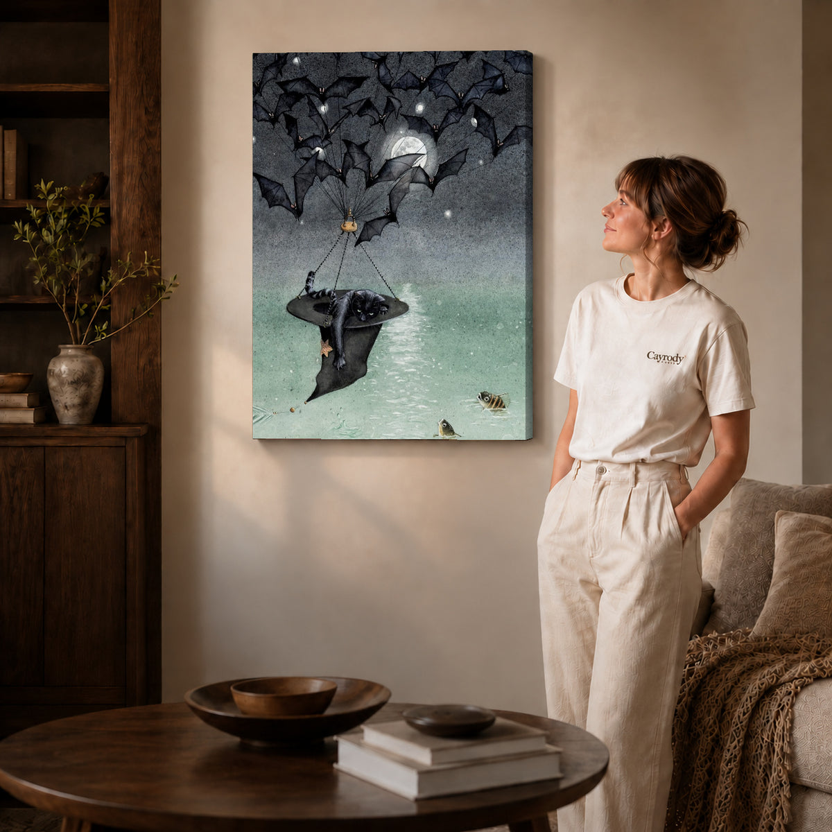 Gallery wrapped moonlit bat voyage artwork scene assigned to all six unframed wrapped canvas sizes.