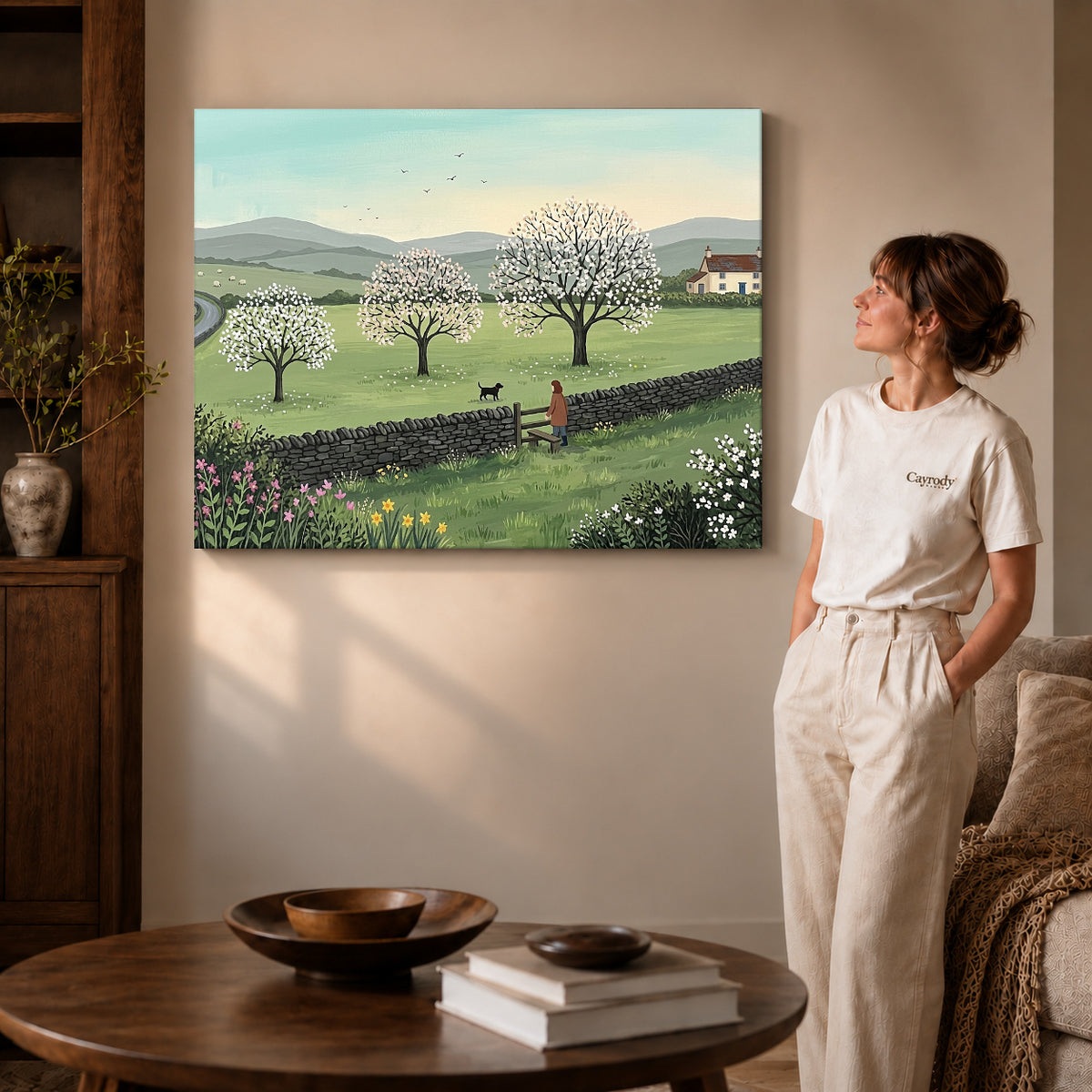 Gallery wrapped spring meadow walk artwork scene assigned to all six unframed wrapped canvas sizes.