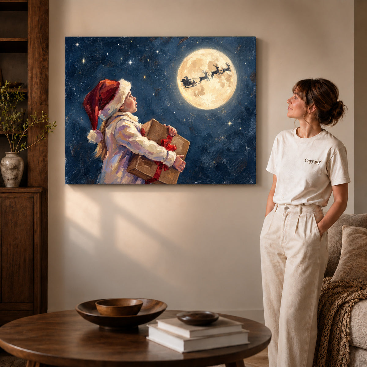 Gallery wrapped moonlit christmas wish artwork scene assigned to all six unframed wrapped canvas sizes.