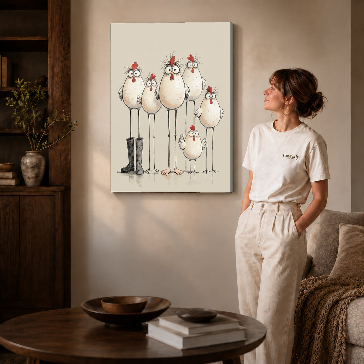 Gallery wrapped quirky chicken family artwork scene assigned to all six unframed wrapped canvas sizes.