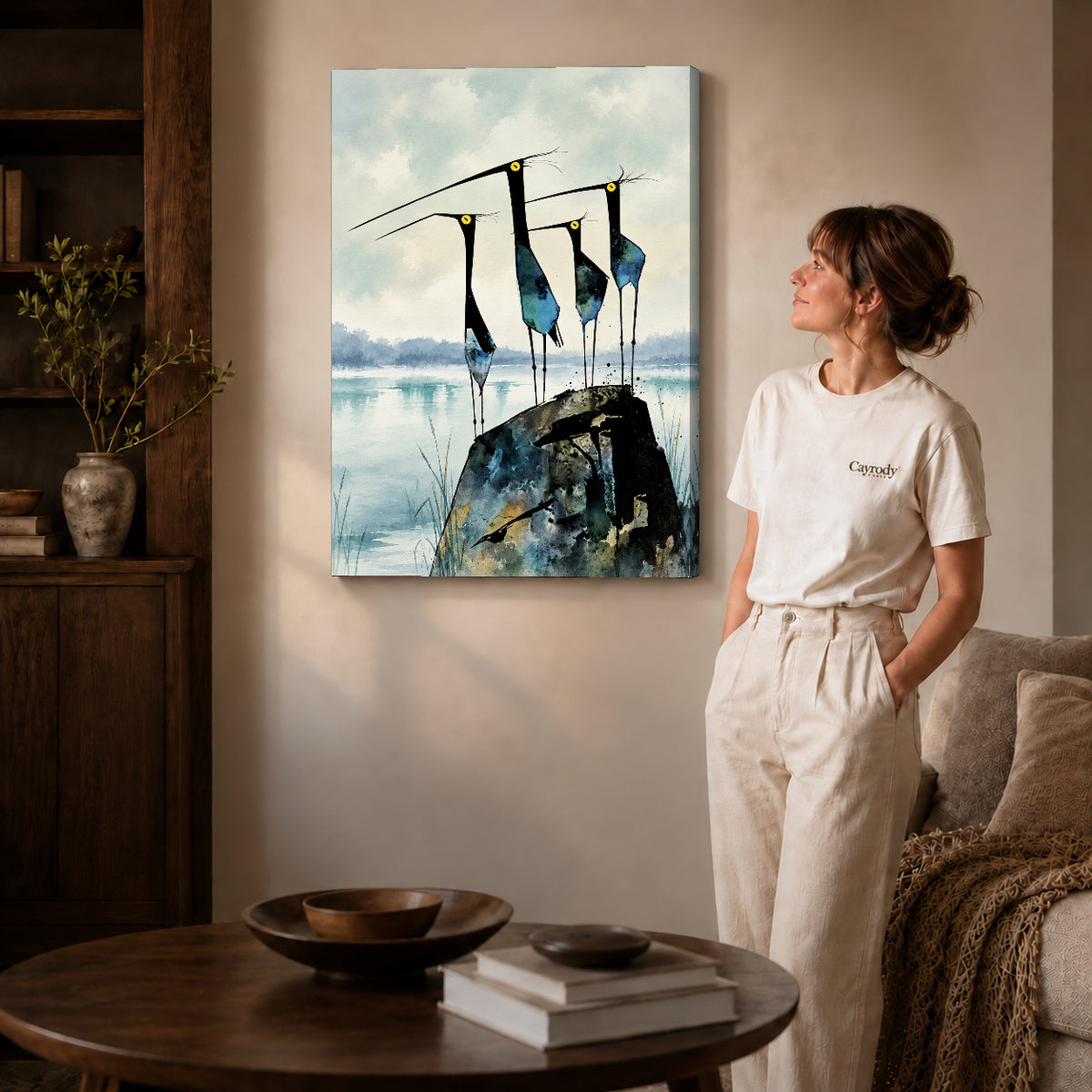 Gallery wrapped long beaked quartet artwork scene assigned to all six unframed wrapped canvas sizes.