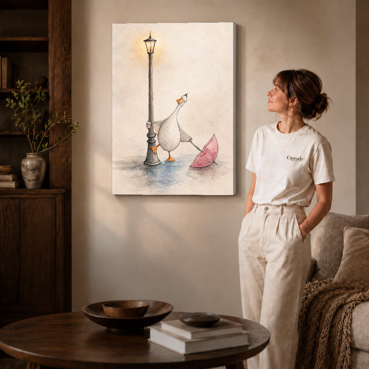 Gallery wrapped rainy lamppost goose artwork scene assigned to all six unframed wrapped canvas sizes.