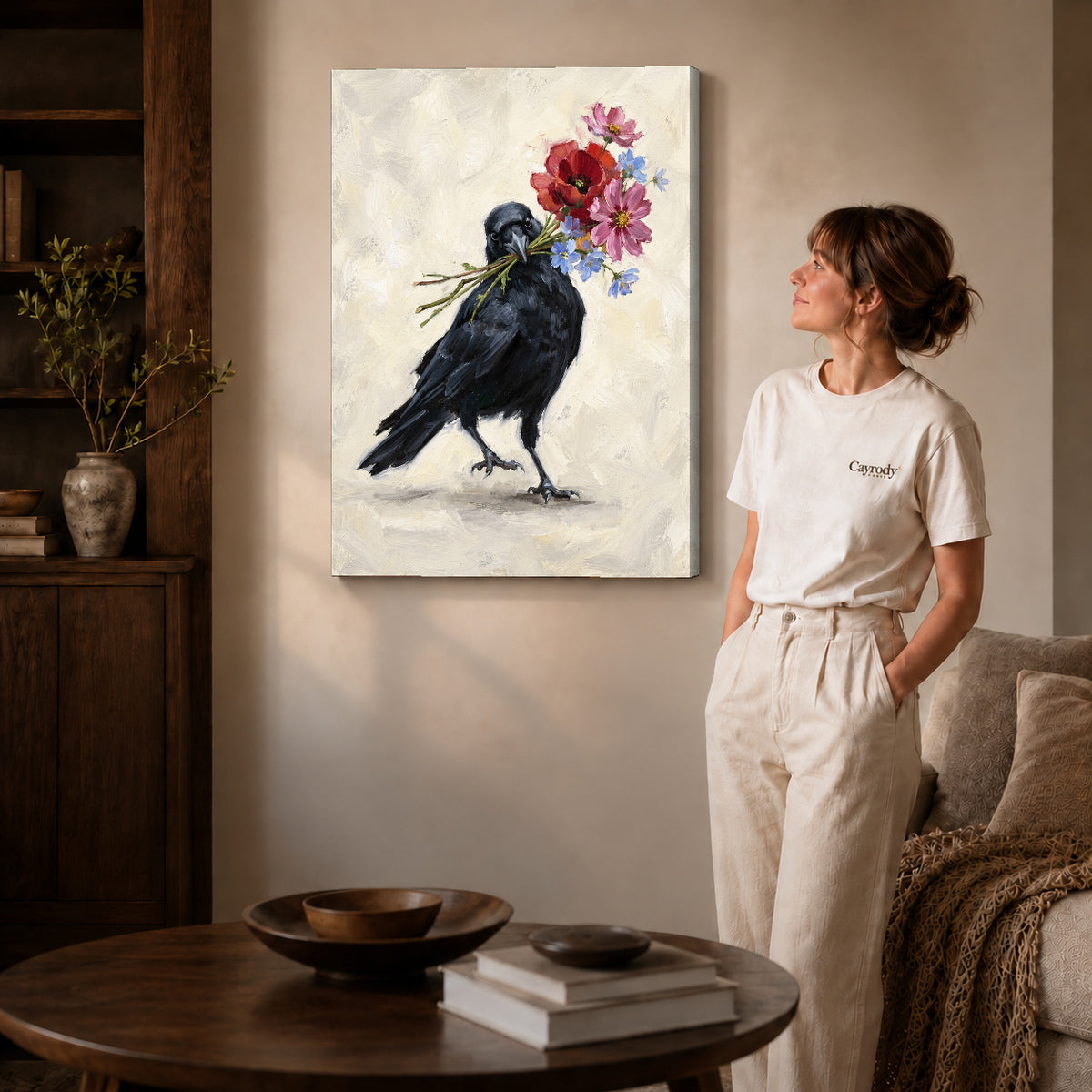 Gallery wrapped flower carrying crow artwork scene assigned to all six unframed wrapped canvas sizes.