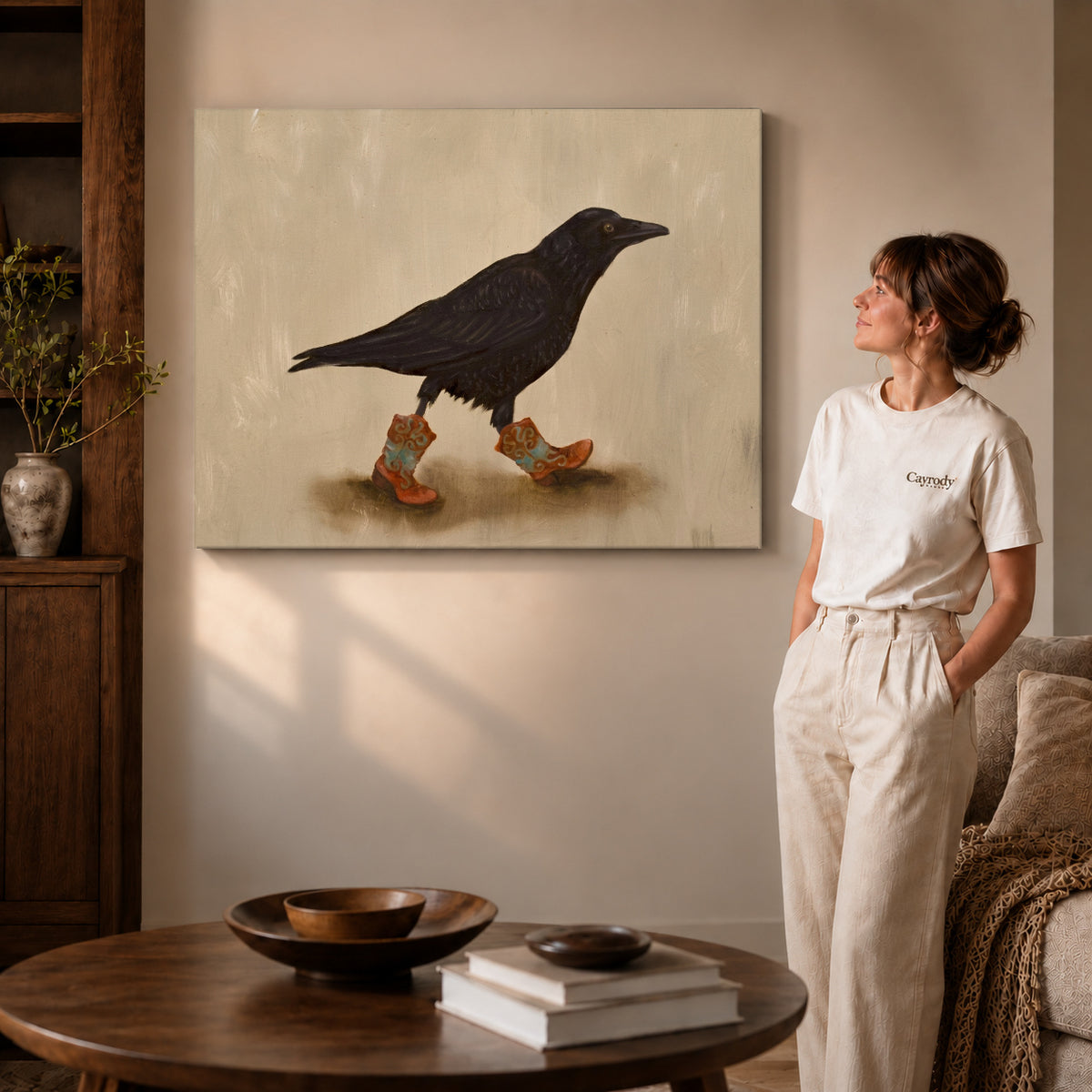 Gallery wrapped cowboy boot crow artwork scene assigned to all six unframed wrapped canvas sizes.