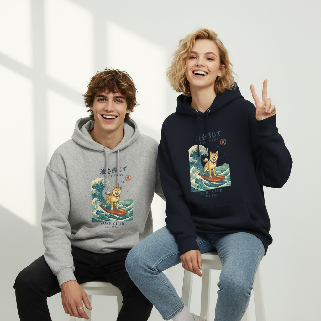 "Feel the Wave" Surfing Shiba Inu Japanese Graphic Hoodie H1136