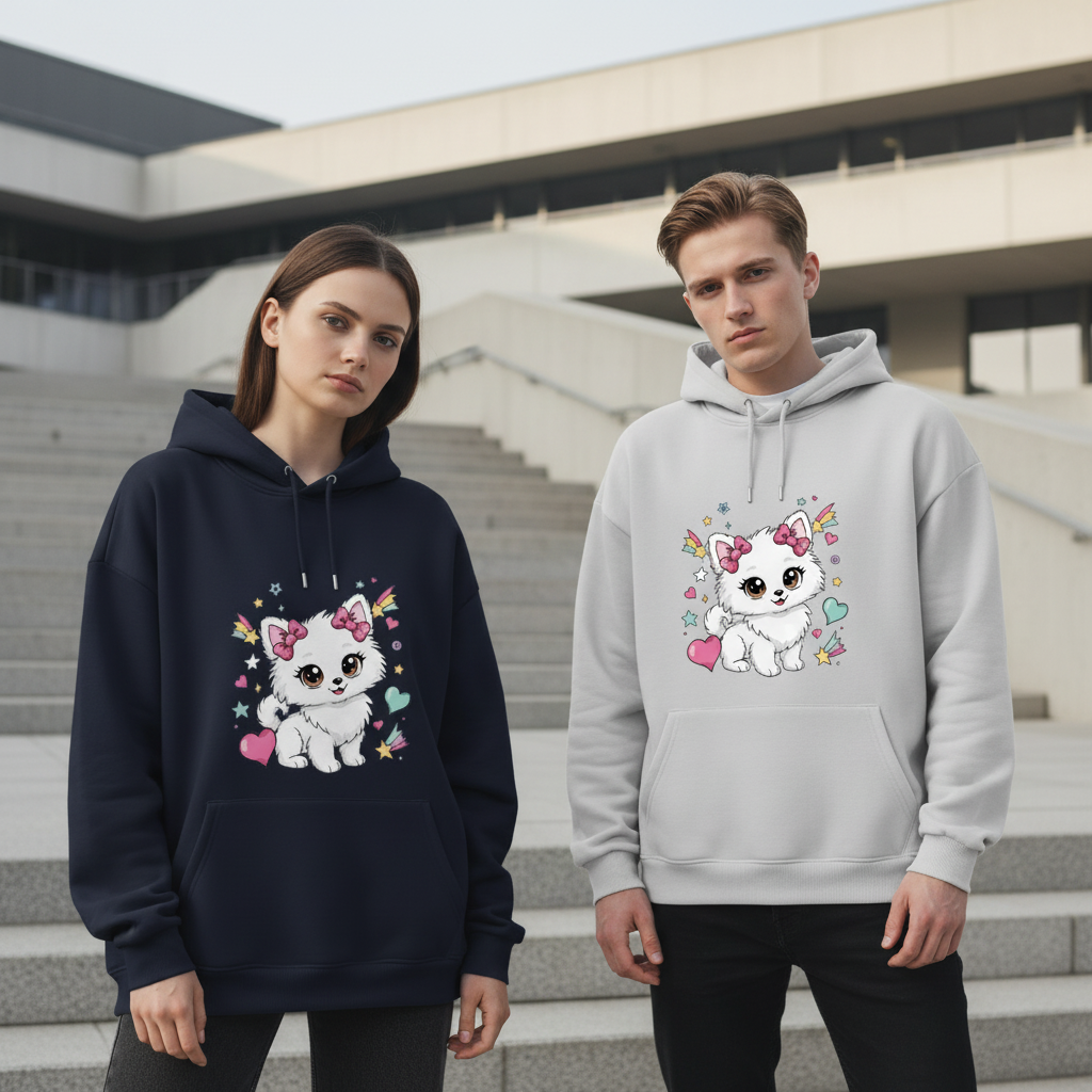 Kawaii Fluffy Puppy Pink Bow Hearts Graphic Hoodie H1087