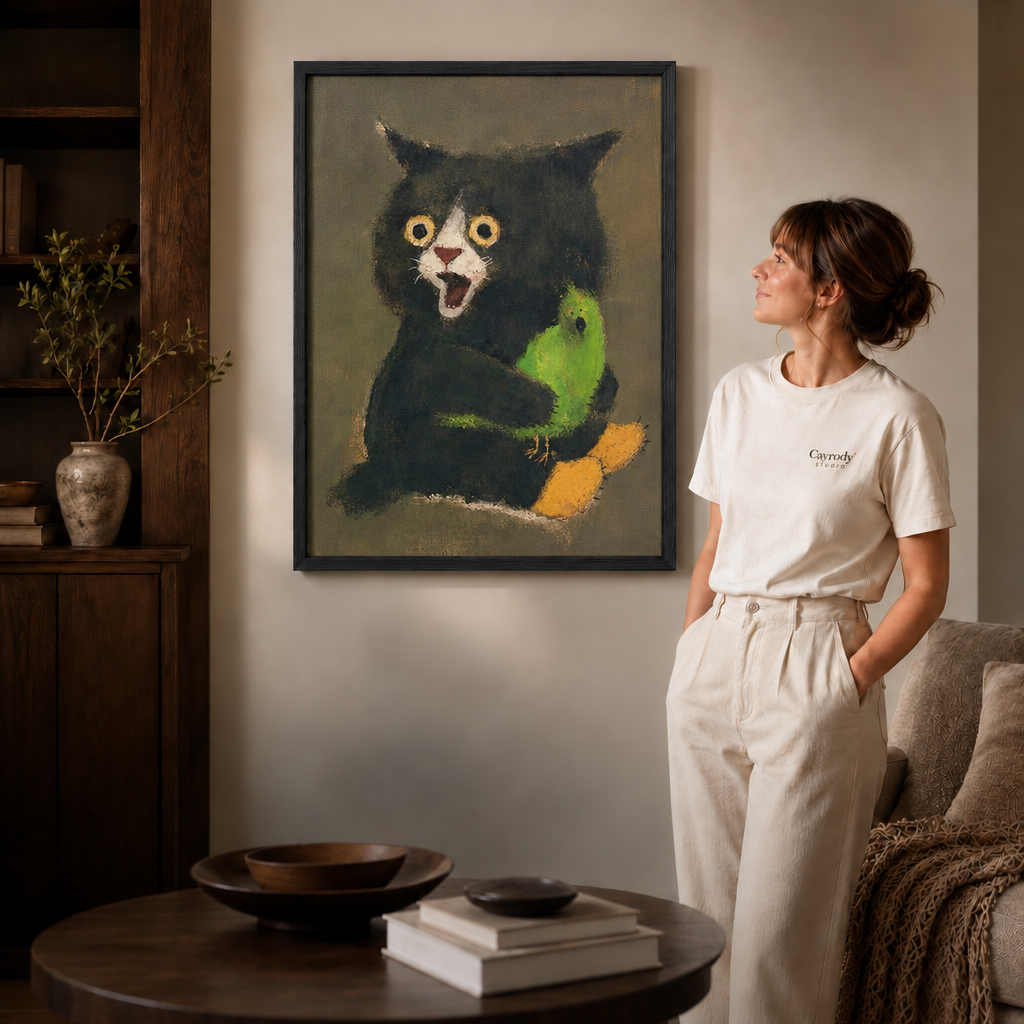 Black-framed cat and green bird artwork hangs.