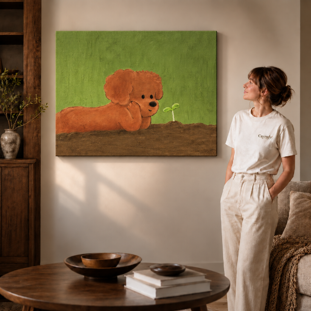 Folk art puppy and sprout canvas wall art in a styled room view, showing how the print anchors a space.