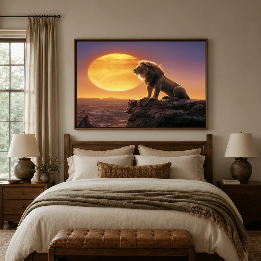 Lion at sunset canvas wall art above a wooden bed in a cozy rustic bedroom with warm lighting
