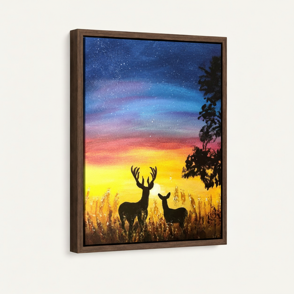 Angled view of framed deer sunset canvas with walnut float frame and vivid starry sky painting