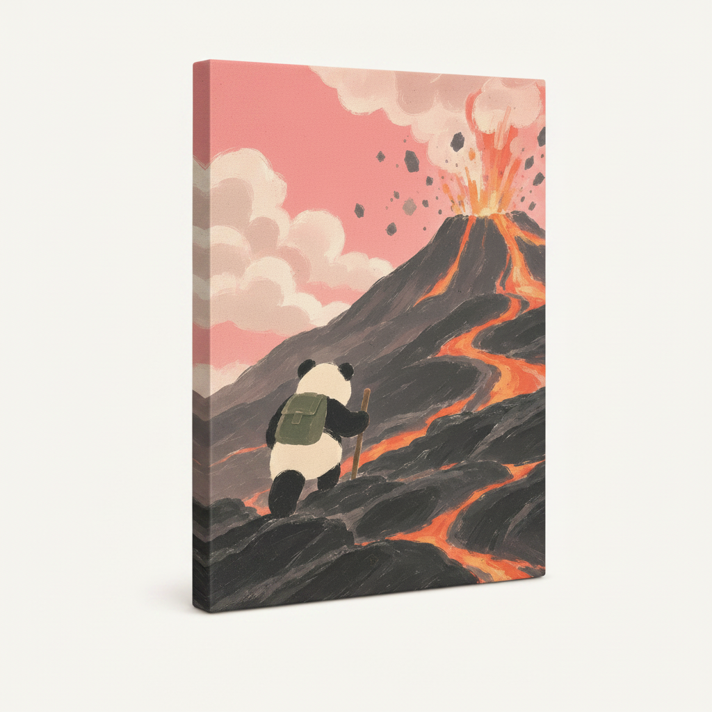 Gallery-wrapped canvas side view of panda volcano illustration showing warm pink sky and lava tones wrapping around edges