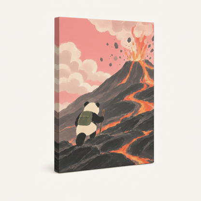 Gallery-wrapped canvas side view of panda volcano illustration showing warm pink sky and lava tones wrapping around edges