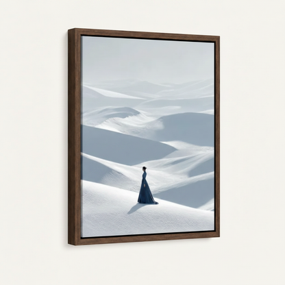 Framed canvas print showing lone woman in blue dress standing in white sand desert landscape
