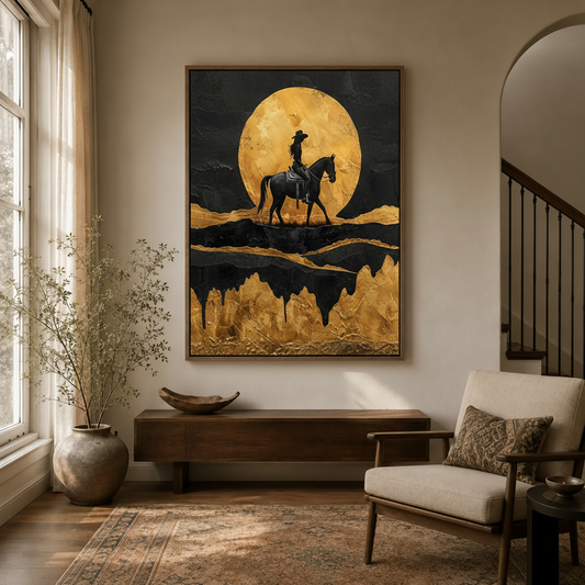 Cowgirl moon black gold impasto canvas wall art in walnut frame above console table in warm neutral entryway