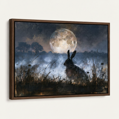 Angled front view of dark walnut framed hare canvas showing deep indigo moon night scene and brushwork detail