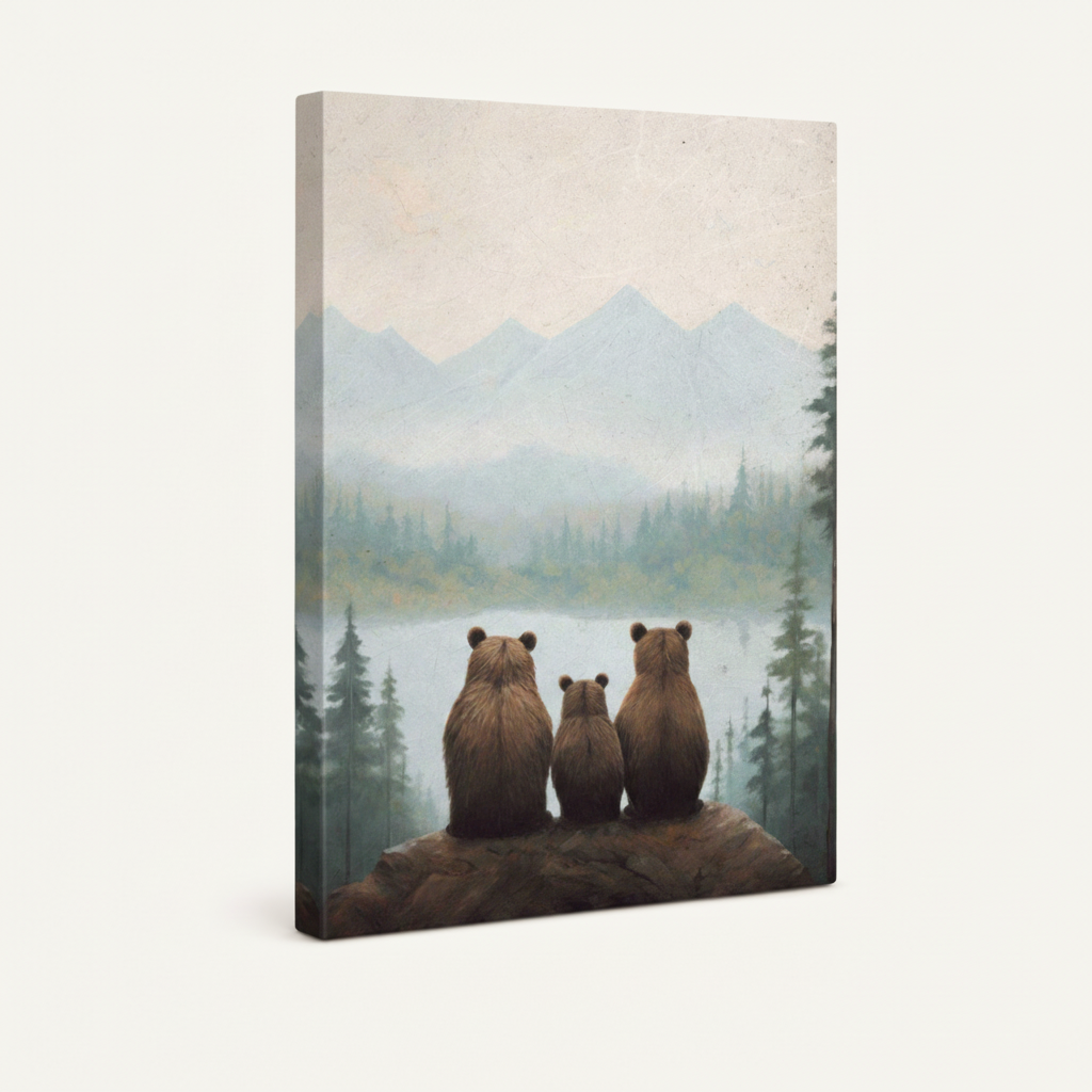 Gallery-wrapped canvas side view of bear family wilderness art showing soft earthy tones wrapping around canvas edges