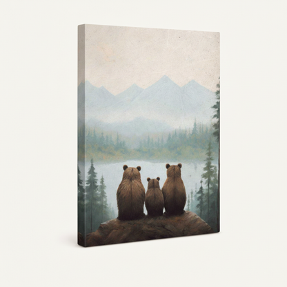 Gallery-wrapped canvas side view of bear family wilderness art showing soft earthy tones wrapping around canvas edges