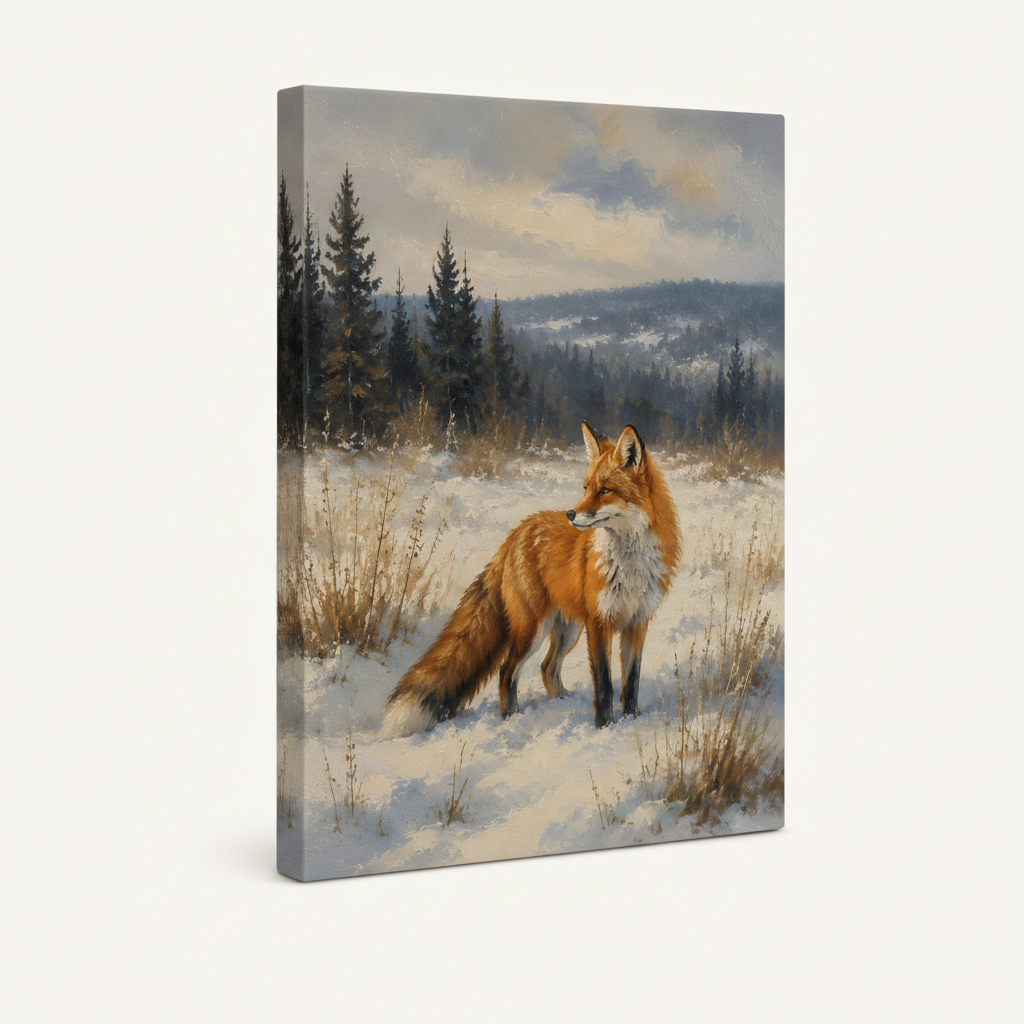 Gallery-wrapped canvas side view of vintage red fox winter landscape art print on white background