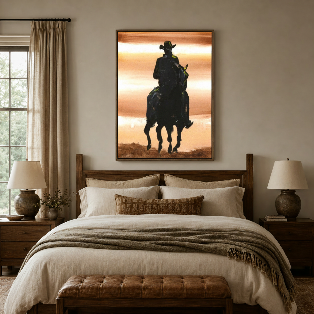 Western horse riding silhouette canvas print displayed in bright farmhouse living room