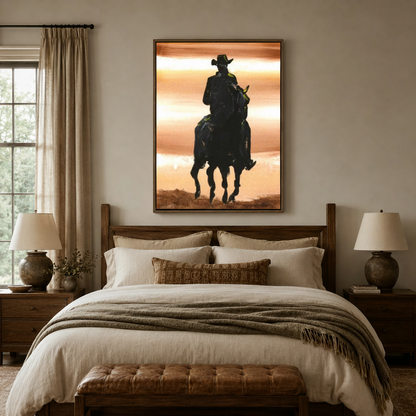 Western horse riding silhouette canvas print displayed in bright farmhouse living room