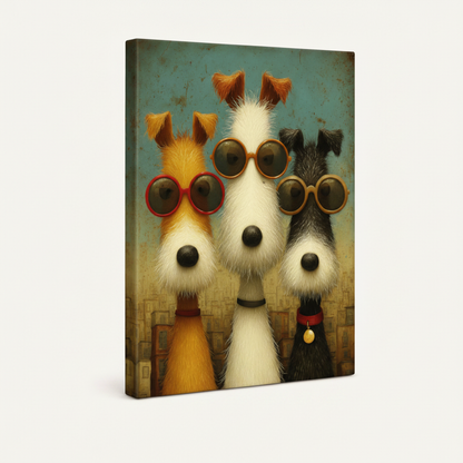 Gallery-wrapped canvas side view of funny dog sunglasses folk art print showing teal and earthy tones wrapping around edges