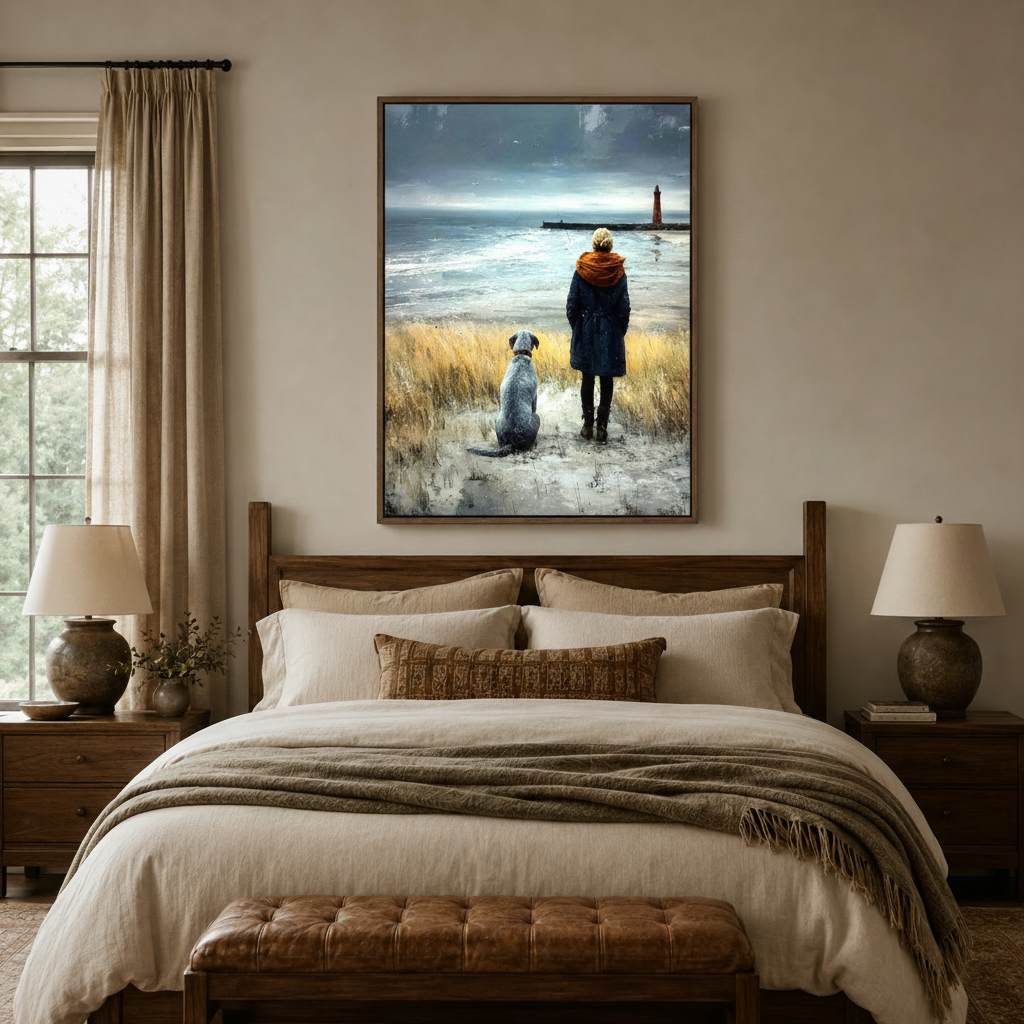Large coastal painting canvas print of woman and dog at stormy beach displayed on living room wall above white sofa